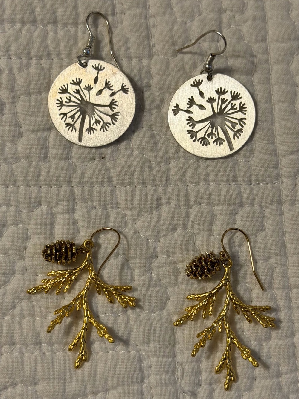 Dandelion Disk & Pine Branch Drop Earring Set